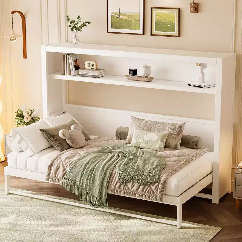 Lit escamotable double Bellemave avec étagères et pliable, cadre de lit escamotable mural en métal avec design compact