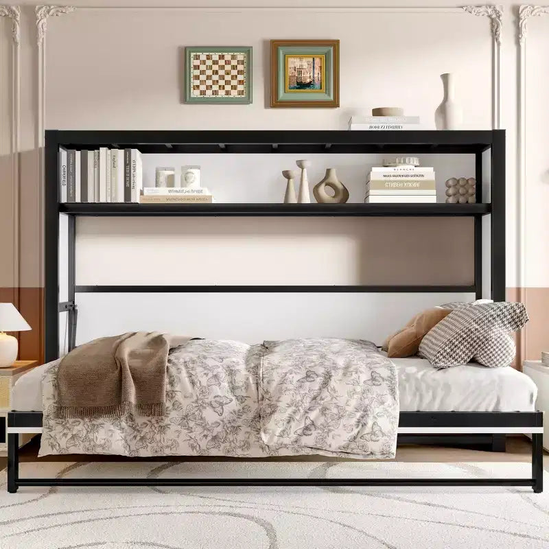 Lit escamotable double Bellemave avec étagères et pliable, cadre de lit escamotable mural en métal avec design compact