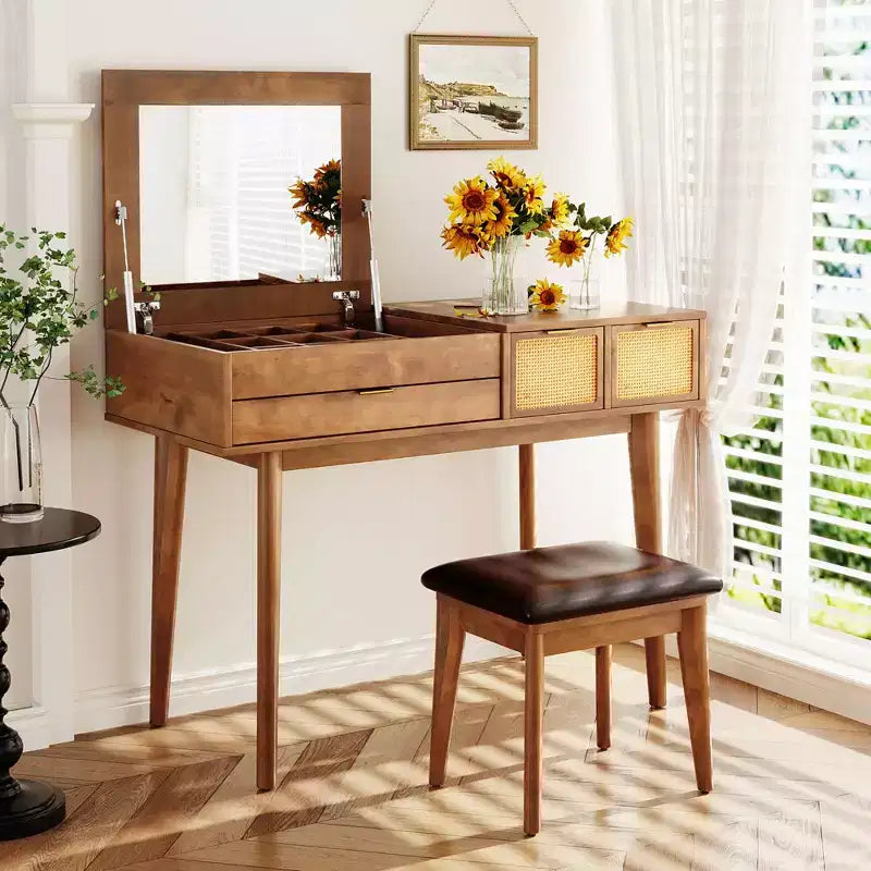 CLIHOME Coiffeuse Classique en Bois avec Miroir Rabattable et Tabouret, Table de Maquillage avec Trois Tiroirs et Espace de Rangement