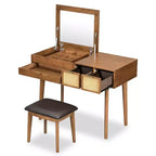 CLIHOME Coiffeuse Classique en Bois avec Miroir Rabattable et Tabouret, Table de Maquillage avec Trois Tiroirs et Espace de Rangement