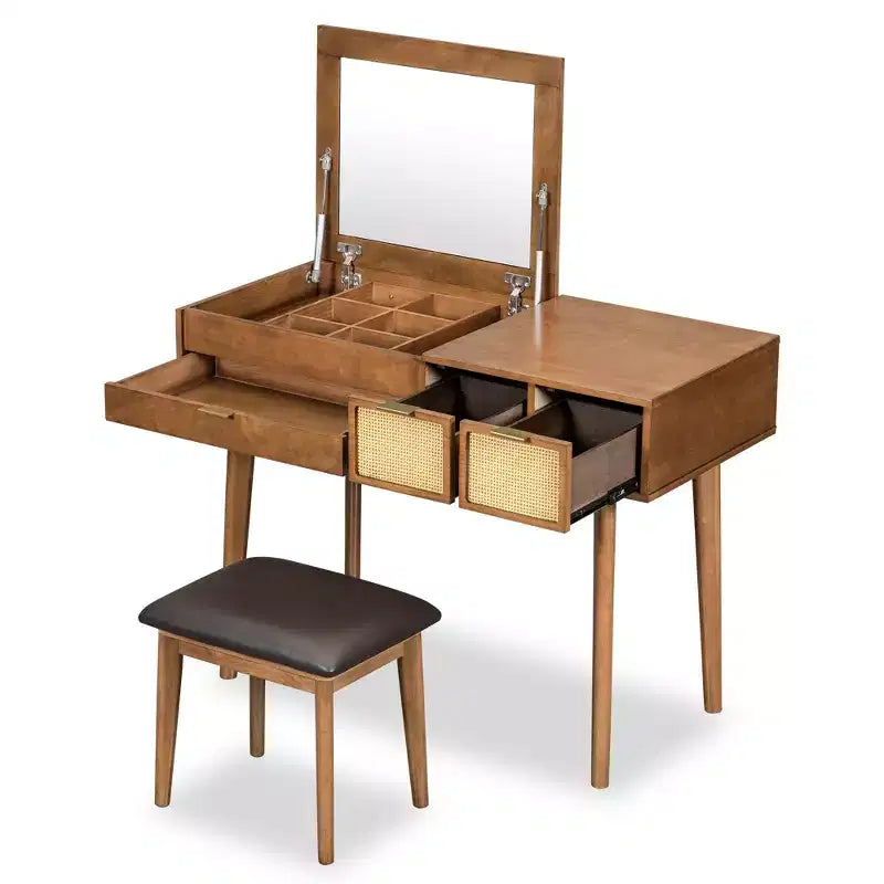 CLIHOME Coiffeuse Classique en Bois avec Miroir Rabattable et Tabouret, Table de Maquillage avec Trois Tiroirs et Espace de Rangement