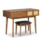 CLIHOME Coiffeuse Classique en Bois avec Miroir Rabattable et Tabouret, Table de Maquillage avec Trois Tiroirs et Espace de Rangement