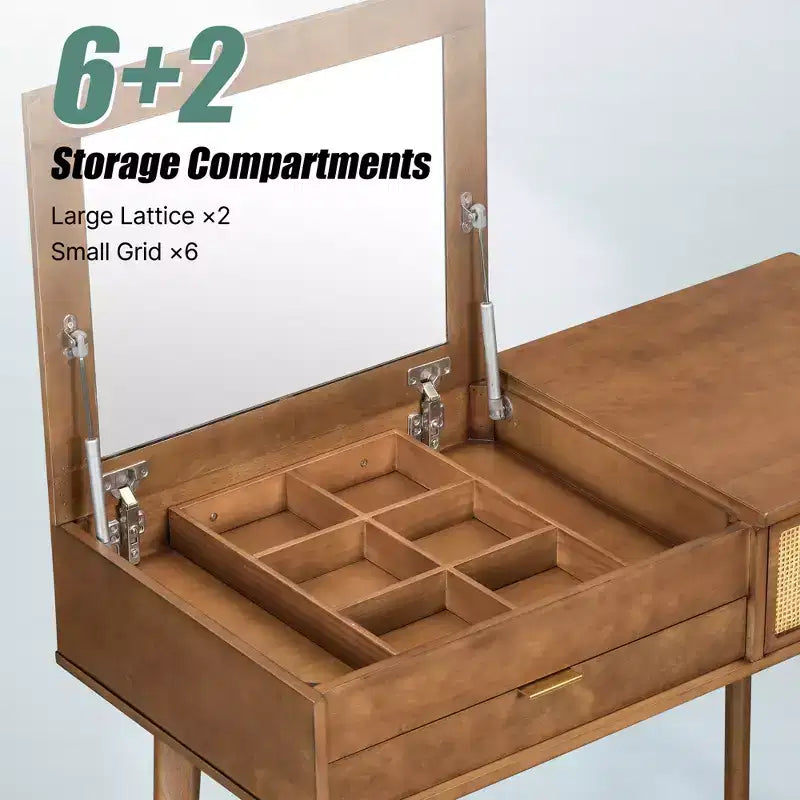 CLIHOME Coiffeuse Classique en Bois avec Miroir Rabattable et Tabouret, Table de Maquillage avec Trois Tiroirs et Espace de Rangement