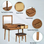 CLIHOME Coiffeuse Classique en Bois avec Miroir Rabattable et Tabouret, Table de Maquillage avec Trois Tiroirs et Espace de Rangement