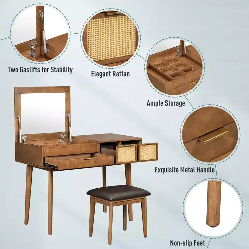 CLIHOME Coiffeuse Classique en Bois avec Miroir Rabattable et Tabouret, Table de Maquillage avec Trois Tiroirs et Espace de Rangement
