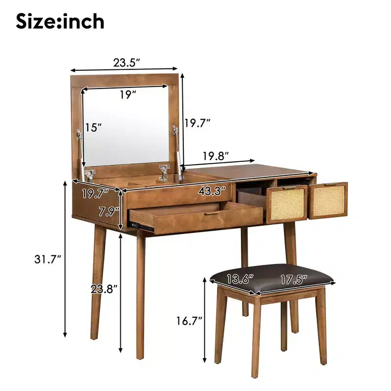 CLIHOME Coiffeuse Classique en Bois avec Miroir Rabattable et Tabouret, Table de Maquillage avec Trois Tiroirs et Espace de Rangement
