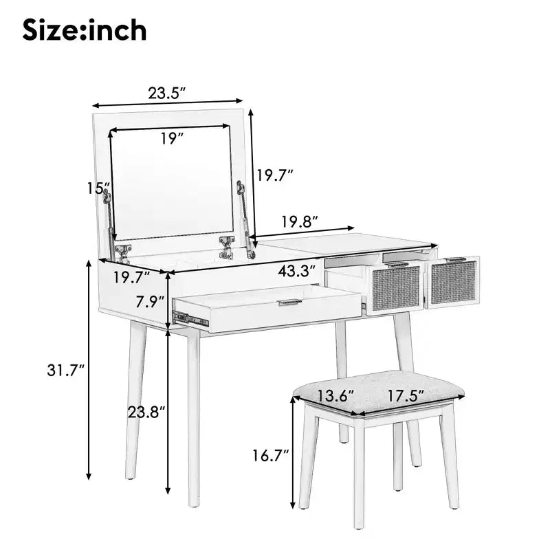 CLIHOME Coiffeuse Classique en Bois avec Miroir Rabattable et Tabouret, Table de Maquillage avec Trois Tiroirs et Espace de Rangement