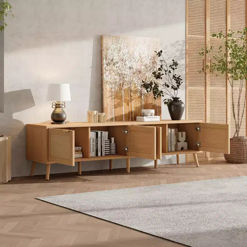 JVNOXK Meuble TV moderne de 70 pouces avec portes en rotin pour TV jusqu'à 80 pouces, console multimédia avec espace de rangement et trous pour câbles, meuble de divertissement pour salon