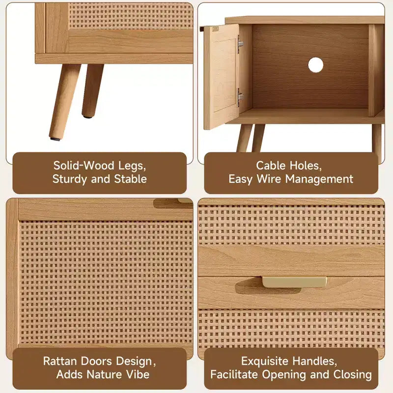 JVNOXK Meuble TV moderne de 70 pouces avec portes en rotin pour TV jusqu'à 80 pouces, console multimédia avec espace de rangement et trous pour câbles, meuble de divertissement pour salon