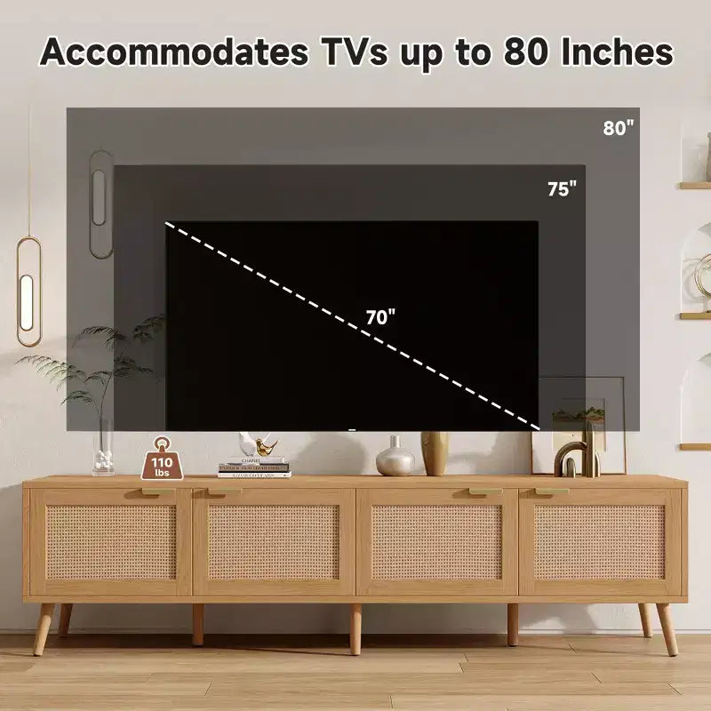 JVNOXK Meuble TV moderne de 70 pouces avec portes en rotin pour TV jusqu'à 80 pouces, console multimédia avec espace de rangement et trous pour câbles, meuble de divertissement pour salon