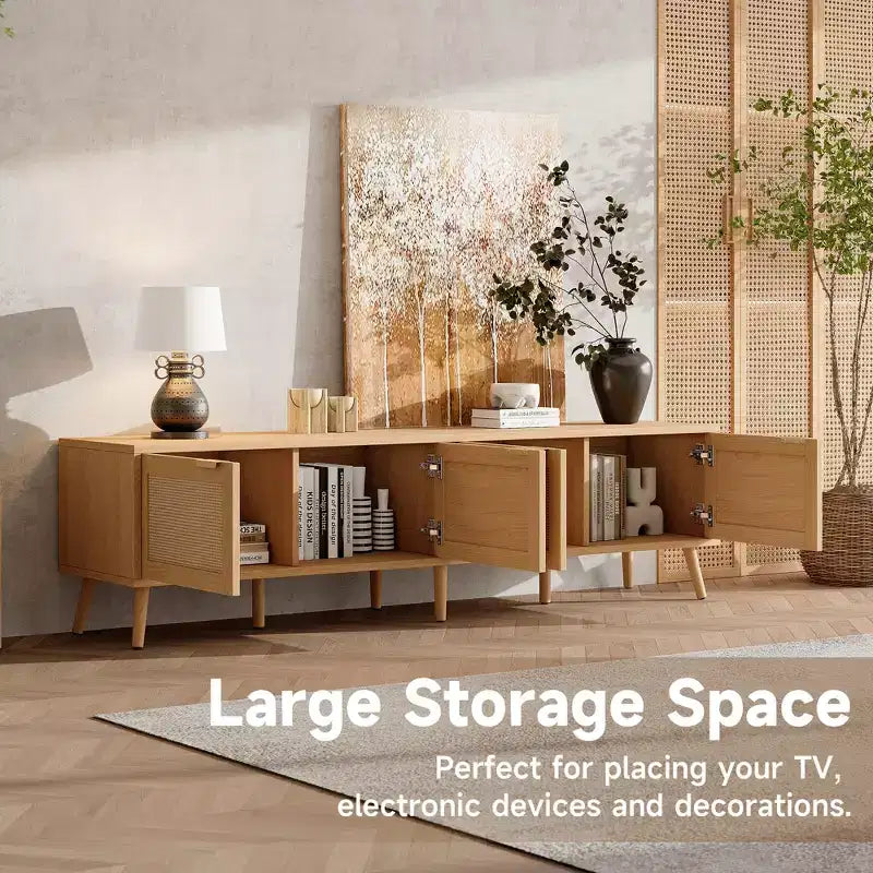 JVNOXK Meuble TV moderne de 70 pouces avec portes en rotin pour TV jusqu'à 80 pouces, console multimédia avec espace de rangement et trous pour câbles, meuble de divertissement pour salon