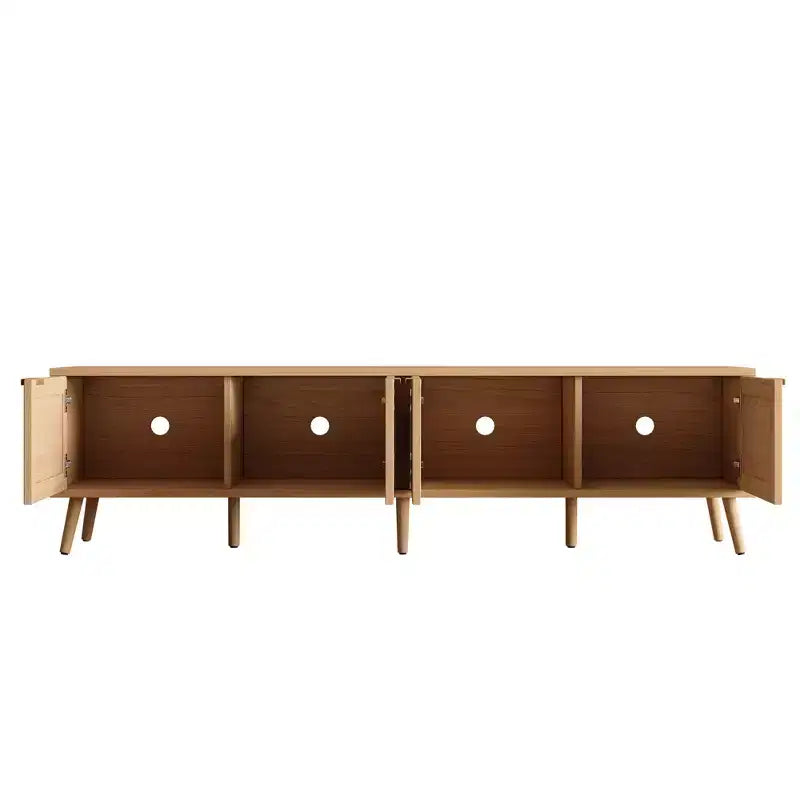 JVNOXK Meuble TV moderne de 70 pouces avec portes en rotin pour TV jusqu'à 80 pouces, console multimédia avec espace de rangement et trous pour câbles, meuble de divertissement pour salon