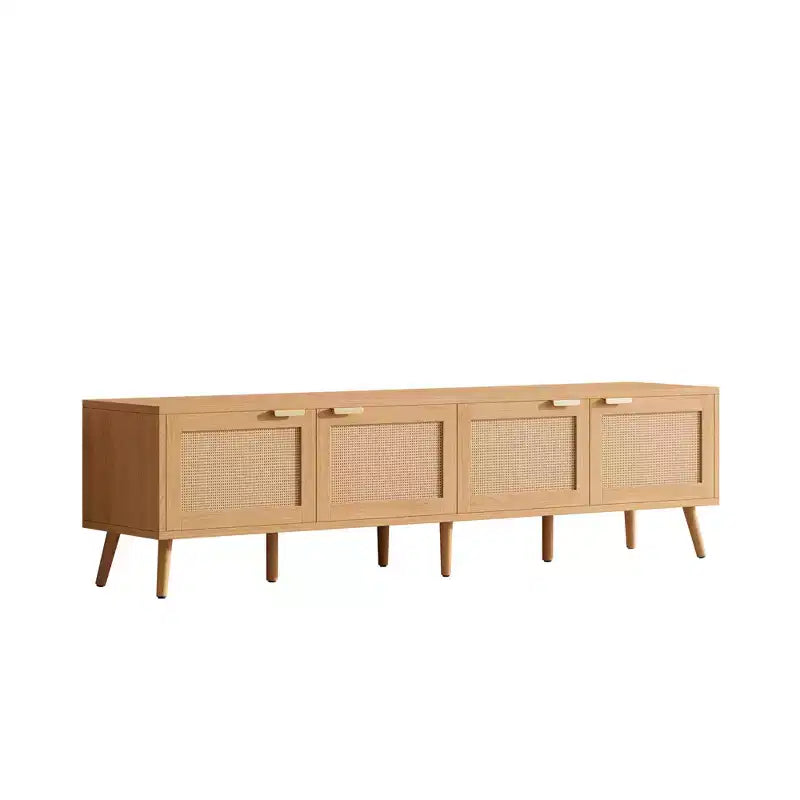 JVNOXK Meuble TV moderne de 70 pouces avec portes en rotin pour TV jusqu'à 80 pouces, console multimédia avec espace de rangement et trous pour câbles, meuble de divertissement pour salon