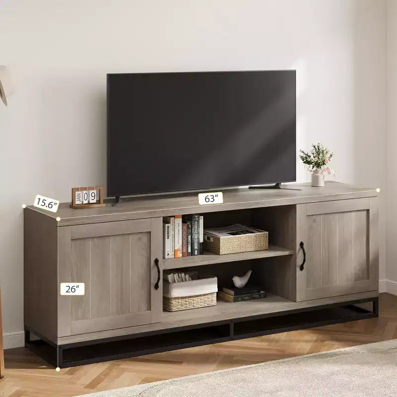 Meuble TV COZONY 63 Mid-Century Modern pour téléviseurs 80 pouces, console multimédia avec portes battantes et étagères ouvertes