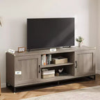 Meuble TV COZONY 63 Mid-Century Modern pour téléviseurs 80 pouces, console multimédia avec portes battantes et étagères ouvertes