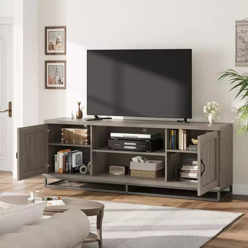 Meuble TV COZONY 63 Mid-Century Modern pour téléviseurs 80 pouces, console multimédia avec portes battantes et étagères ouvertes