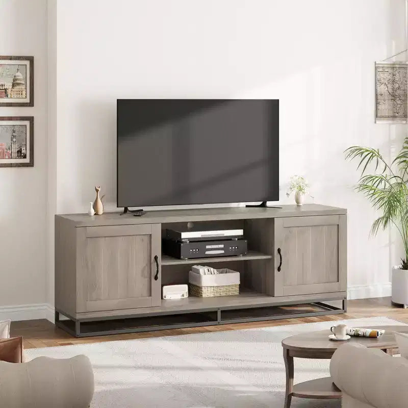 Meuble TV COZONY 63 Mid-Century Modern pour téléviseurs 80 pouces, console multimédia avec portes battantes et étagères ouvertes