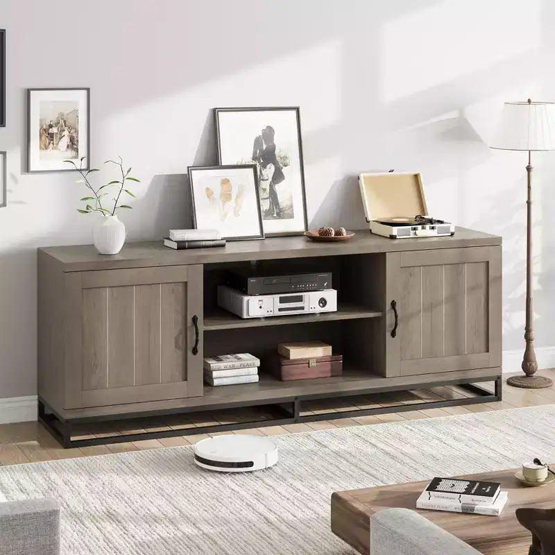 Meuble TV COZONY 63 Mid-Century Modern pour téléviseurs 80 pouces, console multimédia avec portes battantes et étagères ouvertes