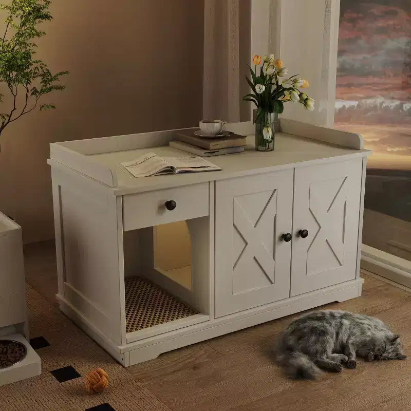 Meuble cache-litière CLIHOME, Maison de toilette pour chat d'intérieur avec tiroir de rangement et table d'appoint, Meuble cache-litière style ferme