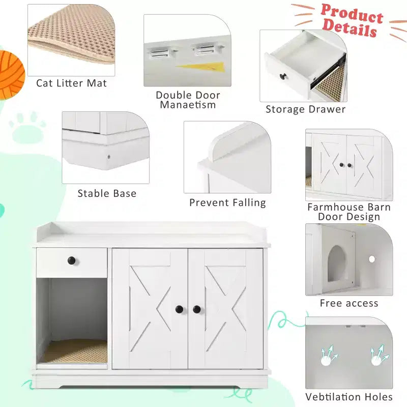 Meuble cache-litière CLIHOME, Maison de toilette pour chat d'intérieur avec tiroir de rangement et table d'appoint, Meuble cache-litière style ferme