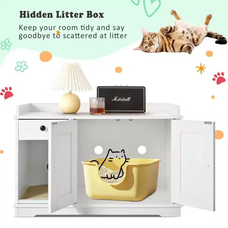 Meuble cache-litière CLIHOME, Maison de toilette pour chat d'intérieur avec tiroir de rangement et table d'appoint, Meuble cache-litière style ferme