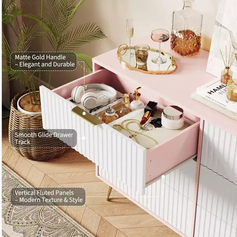 Commode cannelée pour chambre à coucher avec 6 tiroirs, commode en bois, commodes modernes avec poignée en métal pour salon, couloir