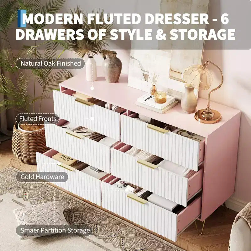 Commode cannelée pour chambre à coucher avec 6 tiroirs, commode en bois, commodes modernes avec poignée en métal pour salon, couloir