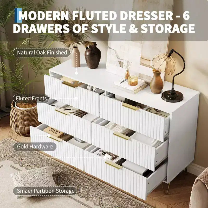 Commode cannelée pour chambre à coucher avec 6 tiroirs, commode en bois, commodes modernes avec poignée en métal pour salon, couloir