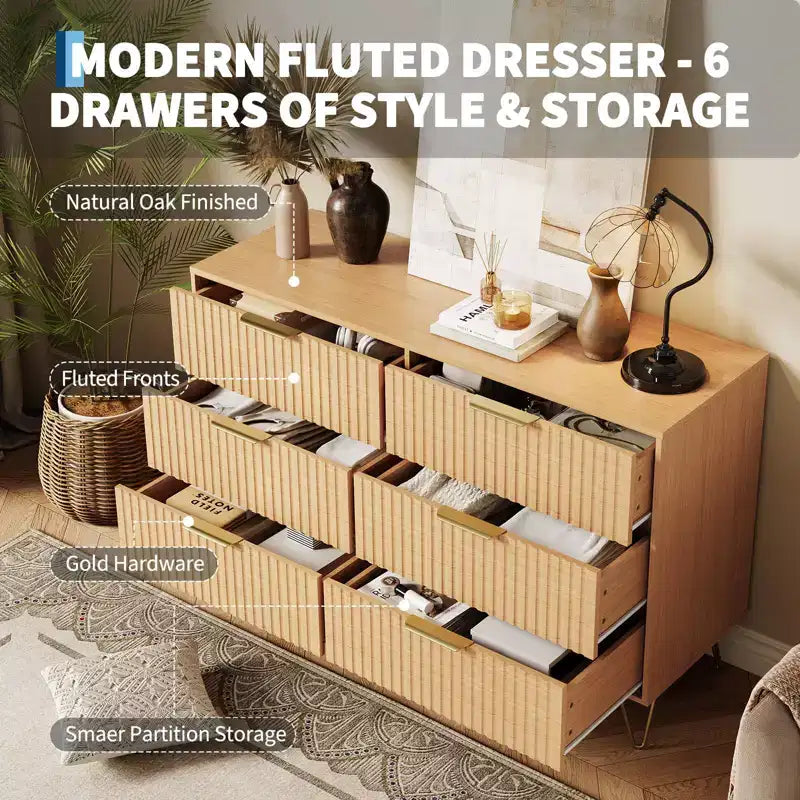 Commode cannelée pour chambre à coucher avec 6 tiroirs, commode en bois, commodes modernes avec poignée en métal pour salon, couloir