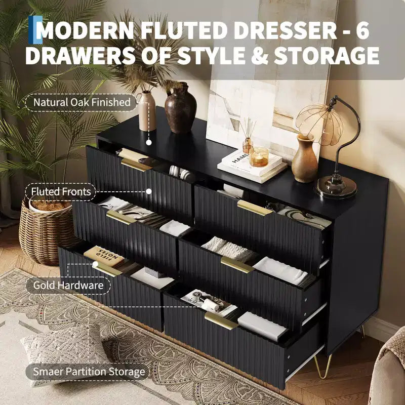 Commode cannelée pour chambre à coucher avec 6 tiroirs, commode en bois, commodes modernes avec poignée en métal pour salon, couloir