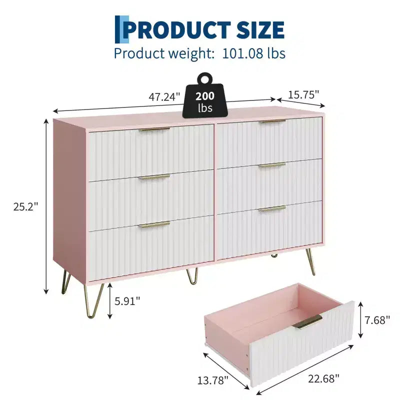 Commode cannelée pour chambre à coucher avec 6 tiroirs, commode en bois, commodes modernes avec poignée en métal pour salon, couloir