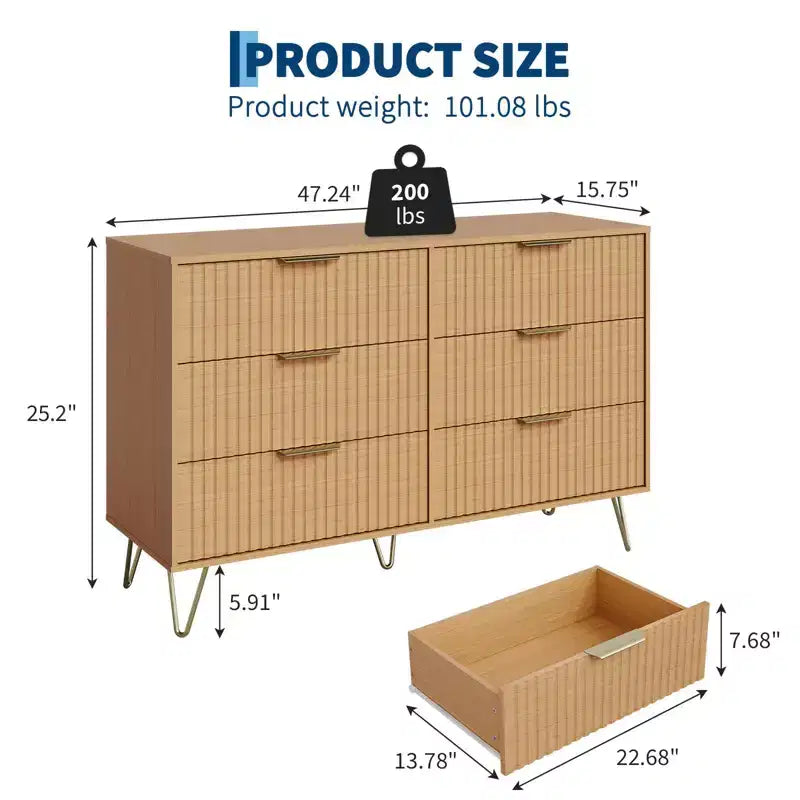 Commode cannelée pour chambre à coucher avec 6 tiroirs, commode en bois, commodes modernes avec poignée en métal pour salon, couloir