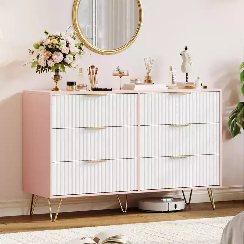 Commode cannelée pour chambre à coucher avec 6 tiroirs, commode en bois, commodes modernes avec poignée en métal pour salon, couloir