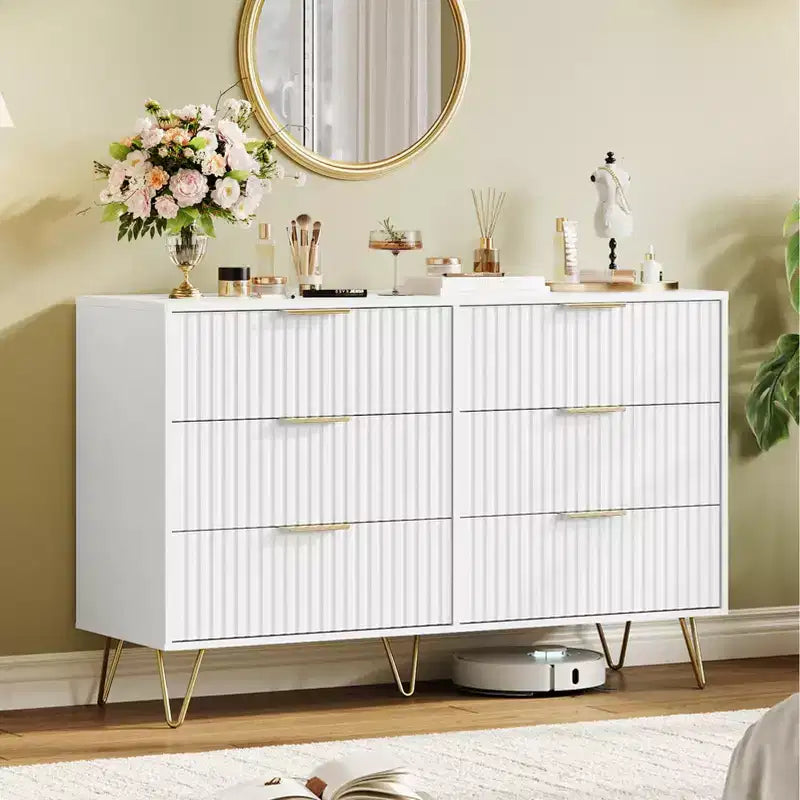 Commode cannelée pour chambre à coucher avec 6 tiroirs, commode en bois, commodes modernes avec poignée en métal pour salon, couloir