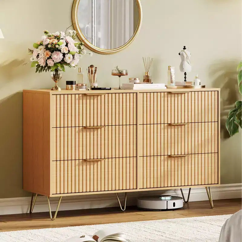 Commode cannelée pour chambre à coucher avec 6 tiroirs, commode en bois, commodes modernes avec poignée en métal pour salon, couloir