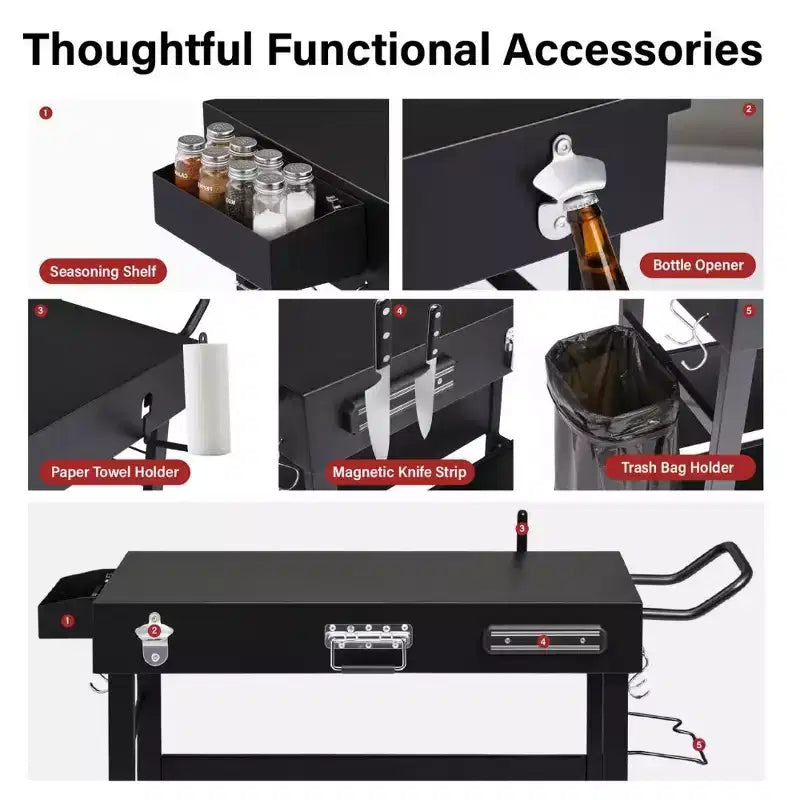 Table de préparation de barbecue pliable Karl Home à 4 roues, station de cuisson extérieure noire