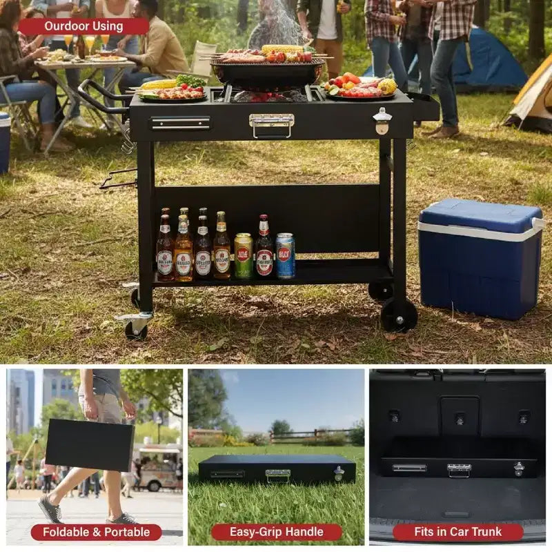 Table de préparation de barbecue pliable Karl Home à 4 roues, station de cuisson extérieure noire