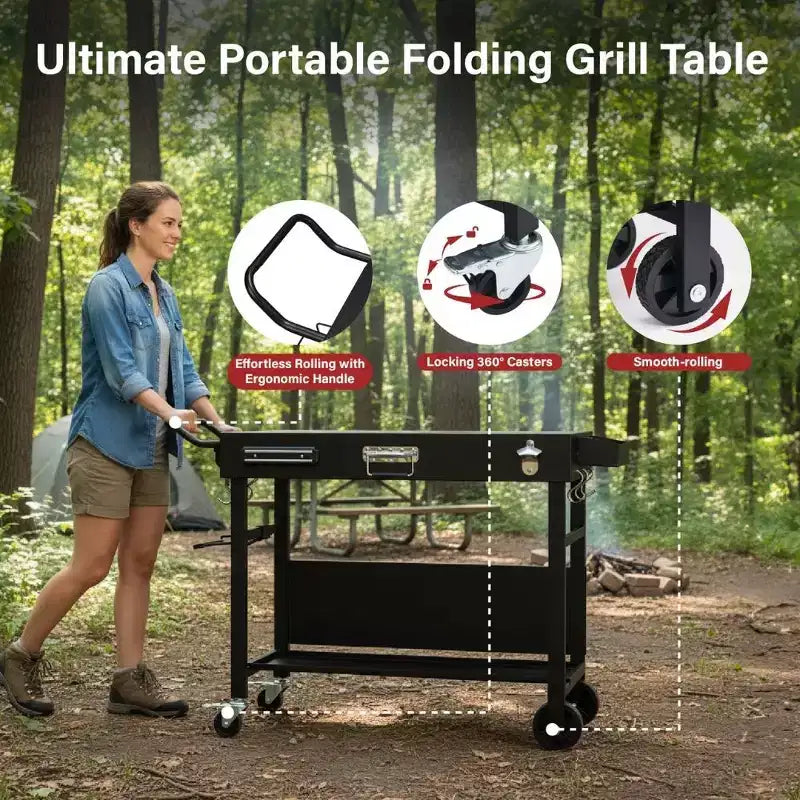 Table de préparation de barbecue pliable Karl Home à 4 roues, station de cuisson extérieure noire