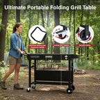 Table de préparation de barbecue pliable Karl Home à 4 roues, station de cuisson extérieure noire