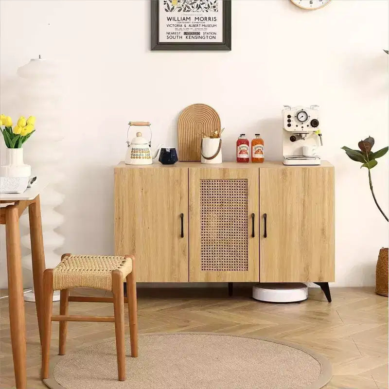 Buffet commode – Table console en bois d'ingénierie avec portes en maille de rotin pour entrée, salon, restaurant