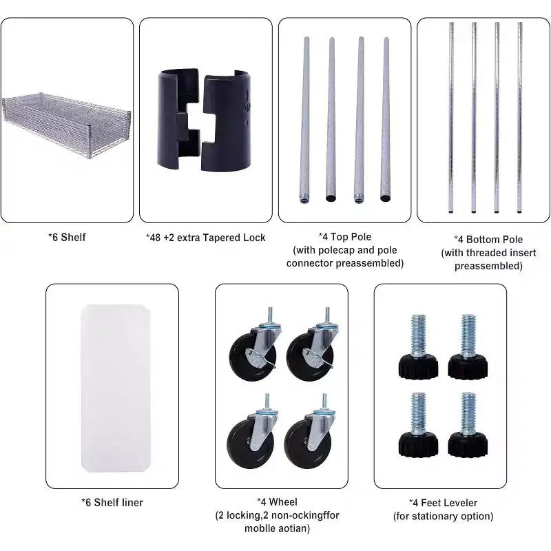 Étagère métallique à 6 niveaux avec roulettes et tapis d'étagère – Organisateur de rangement réglable pour maison, garage, cave, abri de jardin, buanderie