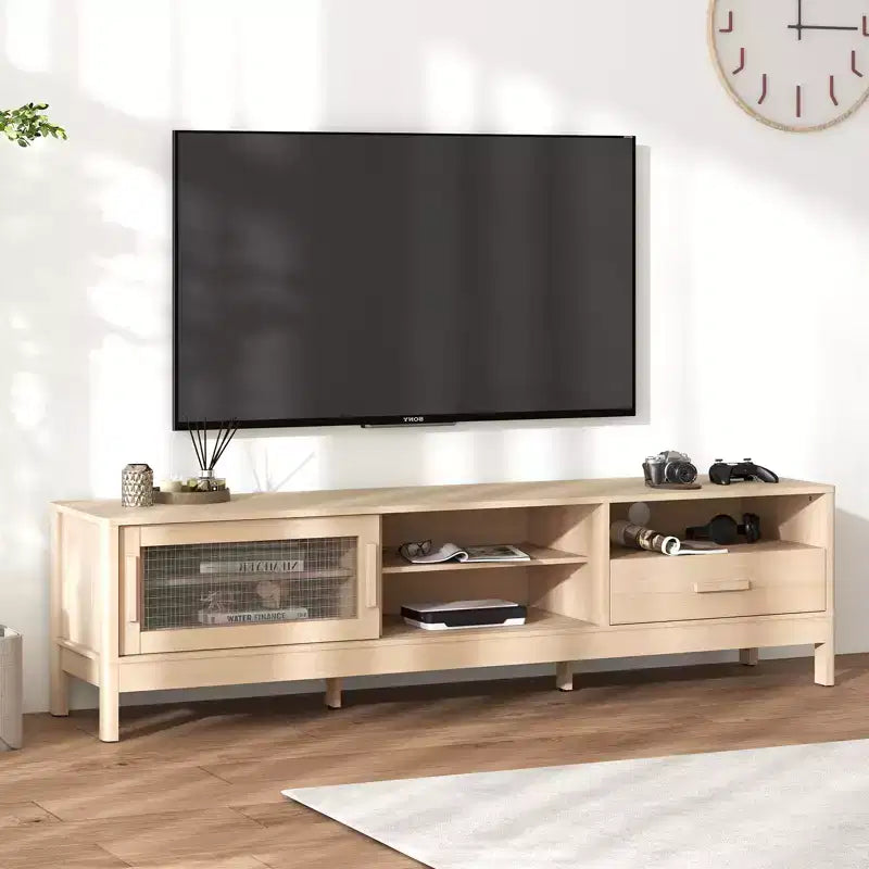 Bestier Modern TV Stand with Sliding Acrylic Door, Large Storage Drawer & Adjustable Shelves for 75 TVs