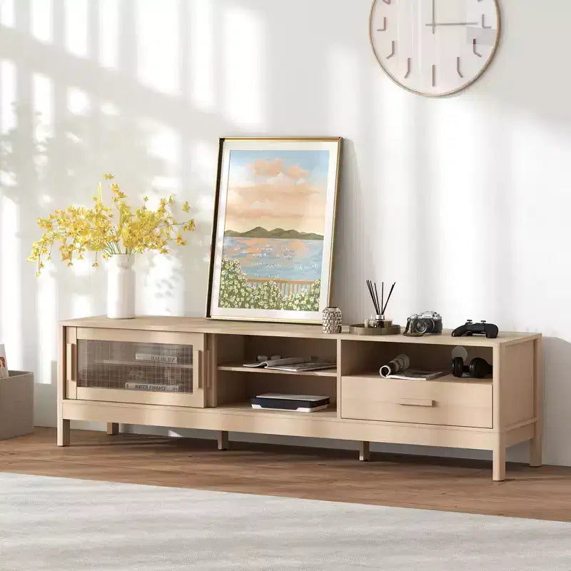 Meuble TV Bestier moderne avec porte coulissante en acrylique, grand tiroir de rangement et étagères réglables pour téléviseurs de 75 pouces