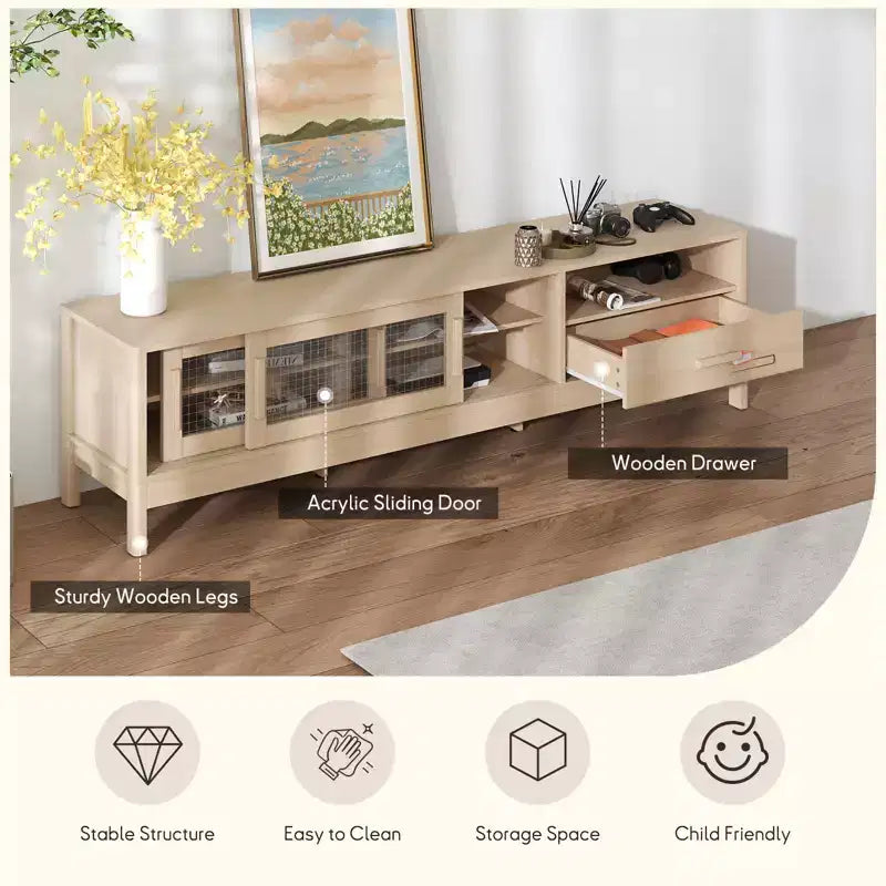 Meuble TV Bestier moderne avec porte coulissante en acrylique, grand tiroir de rangement et étagères réglables pour téléviseurs de 75 pouces