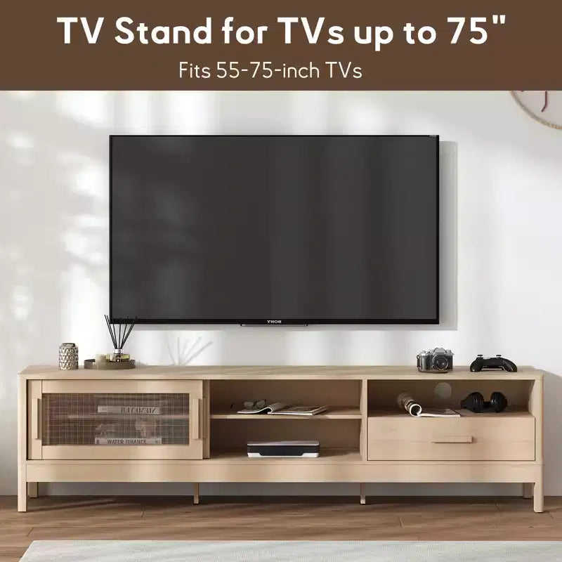 Meuble TV Bestier moderne avec porte coulissante en acrylique, grand tiroir de rangement et étagères réglables pour téléviseurs de 75 pouces