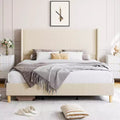 Corduroy Upholstered Platform Bed Frame, Wingback Headboard, Solid Wood Slats, No Box Spring Needed, Easy Assembly, Beige
