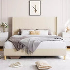 Corduroy Upholstered Platform Bed Frame, Wingback Headboard, Solid Wood Slats, No Box Spring Needed, Easy Assembly, Beige