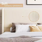 Cadre de lit plateforme rembourré en velours côtelé, tête de lit à oreilles, lattes en bois massif, pas besoin de sommier tapissier, assemblage facile, beige