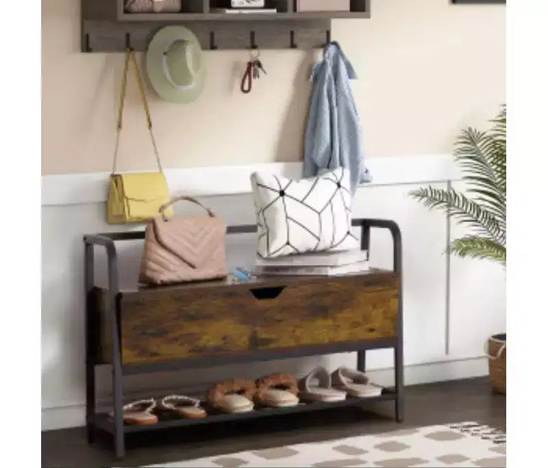 Banc à chaussures en bois fumé et noir rétro (fer + bois)