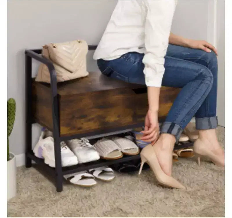 Banc à chaussures en bois fumé et noir rétro (fer + bois)